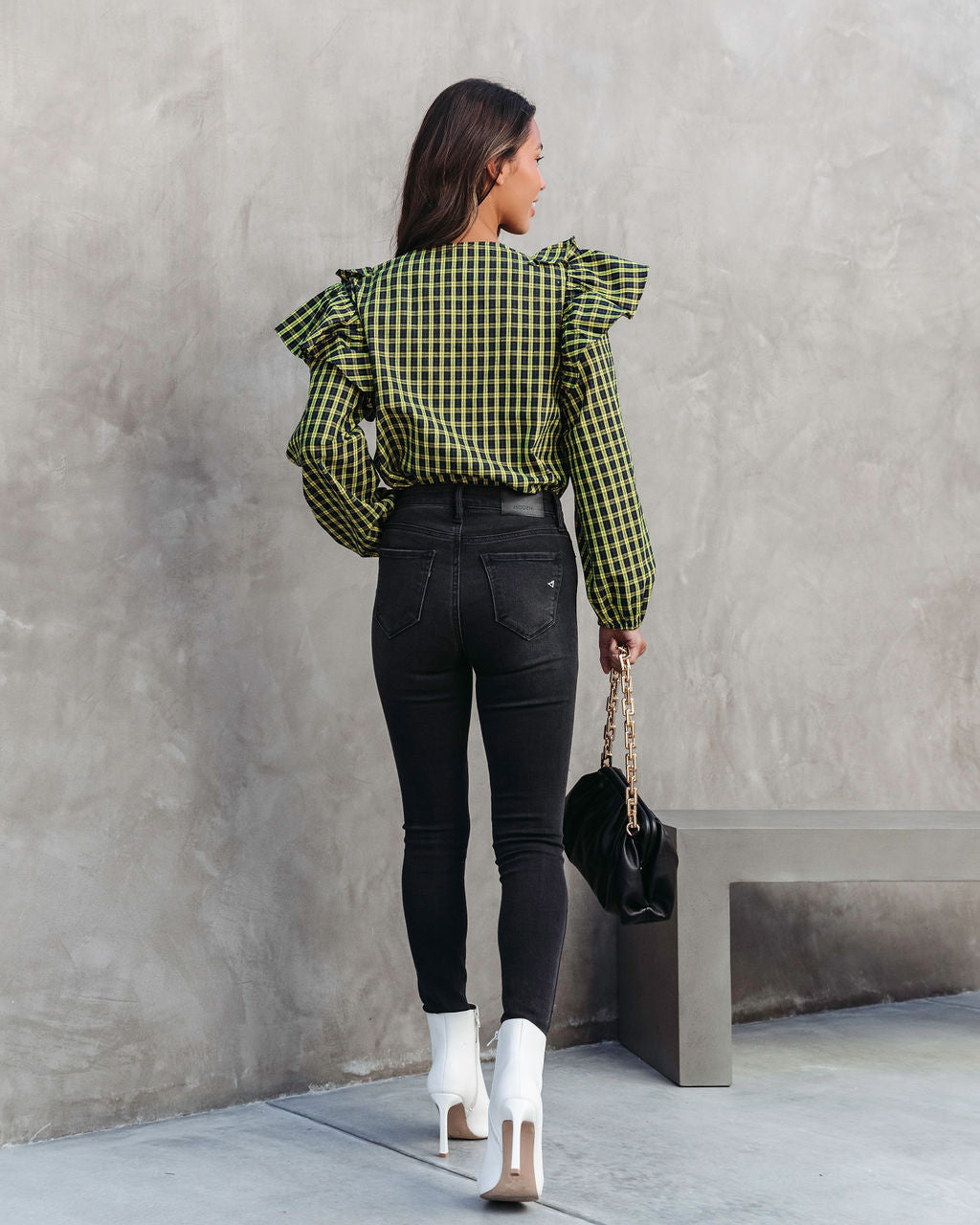 Clara Plaid Ruffle Long Sleeve Top - Yellow