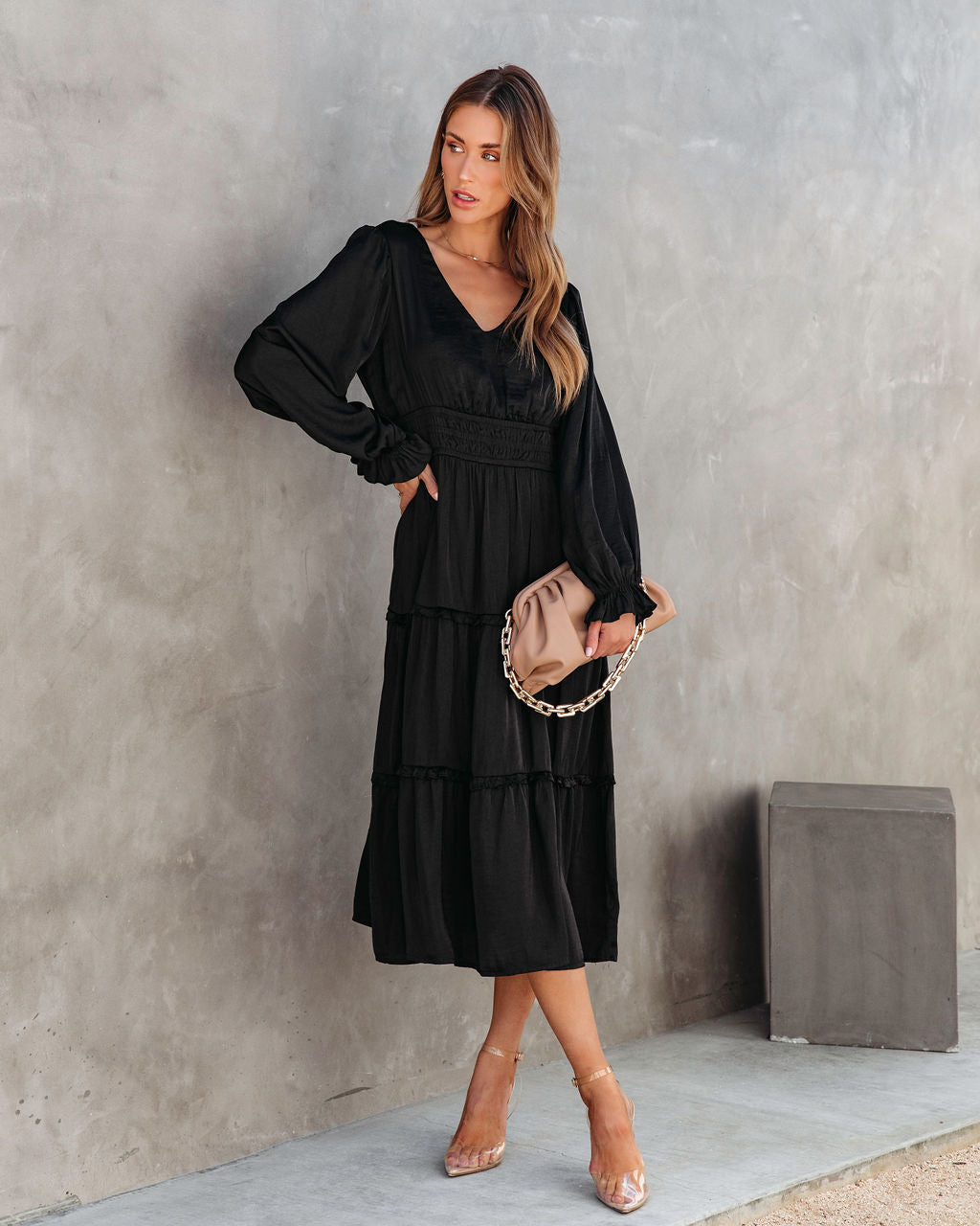 Monique Tiered Midi Dress - Black