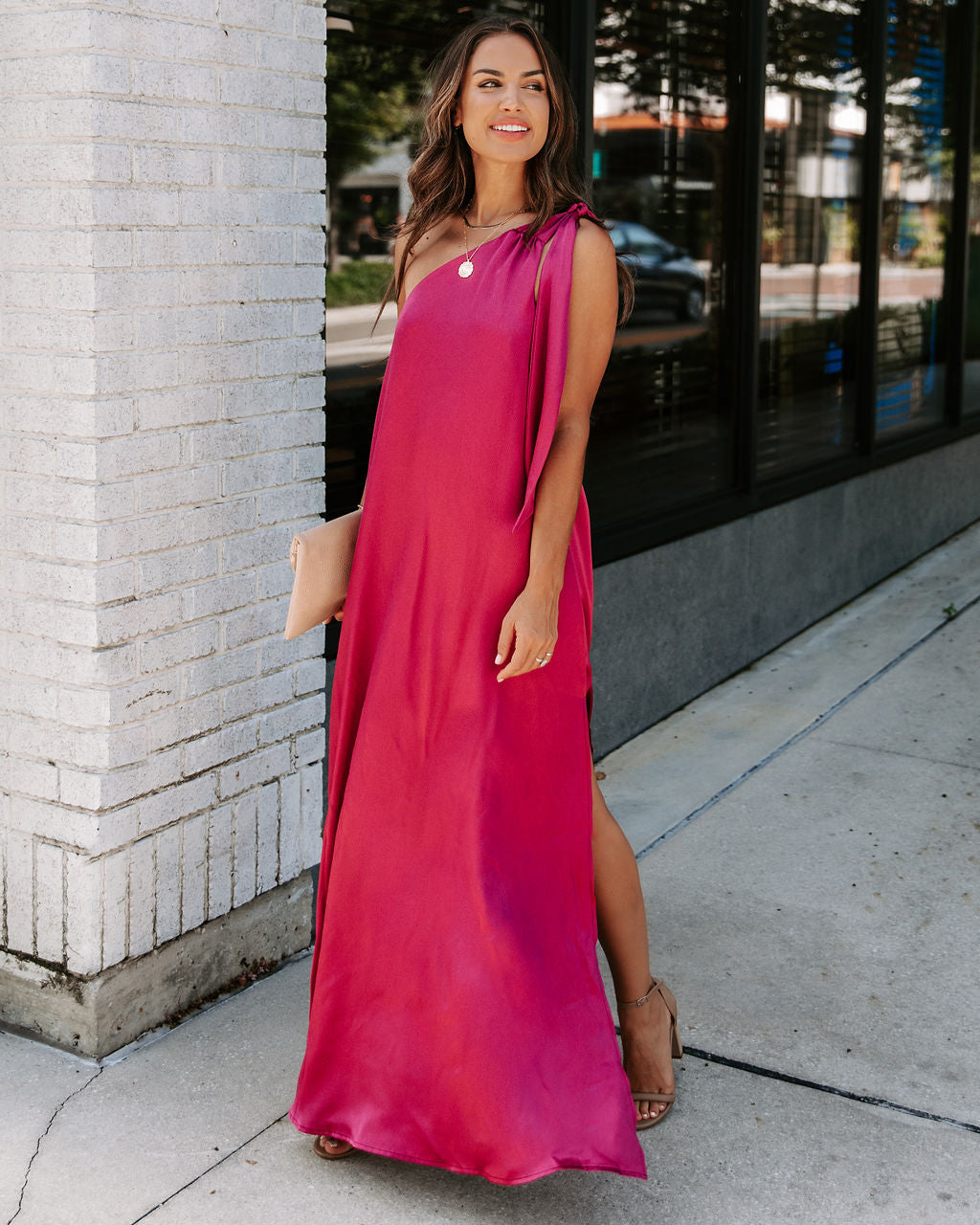 Invite Only Satin One Shoulder Maxi Dress - Burgundy