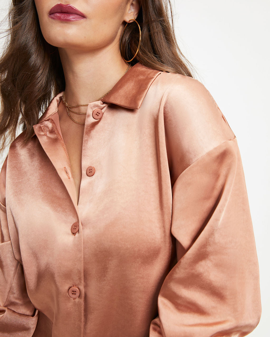 Between The Sheets Satin Button Down Top - Dusty Copper