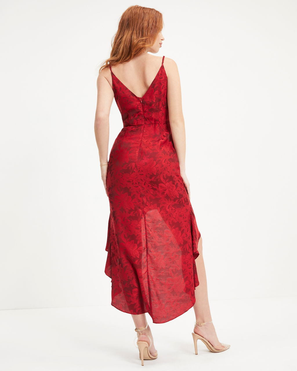 With You Floral Ruched Ruffle Maxi Dress - Red