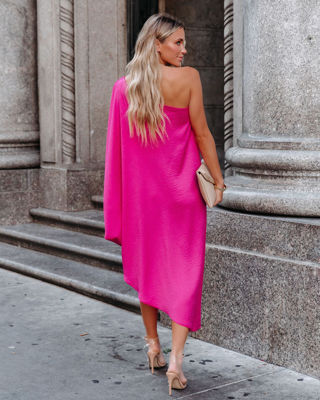 Goddess Of Beauty One Shoulder Satin Maxi Dress - Hot Pink