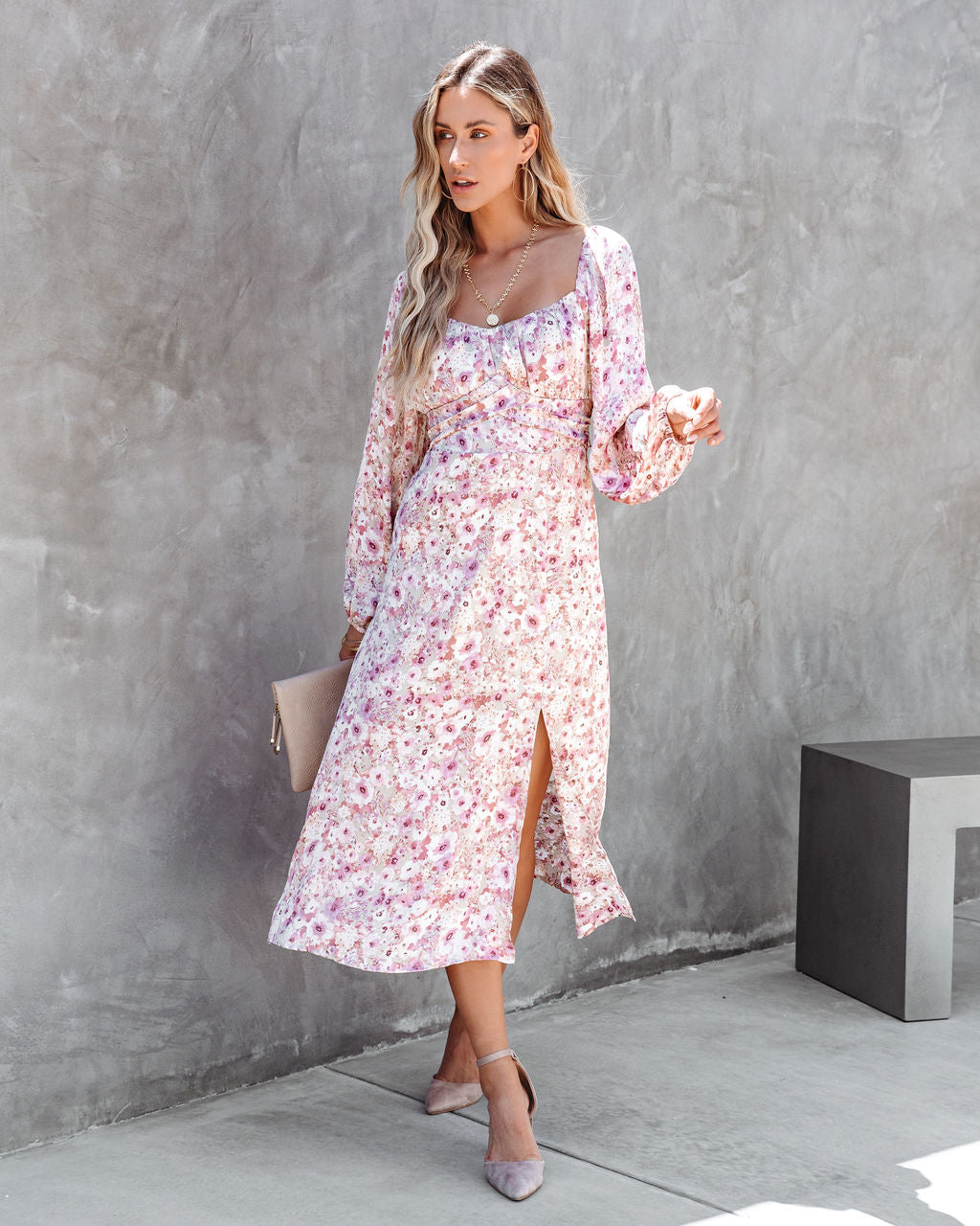 Cherry Blossom Balloon Sleeve Midi Dress