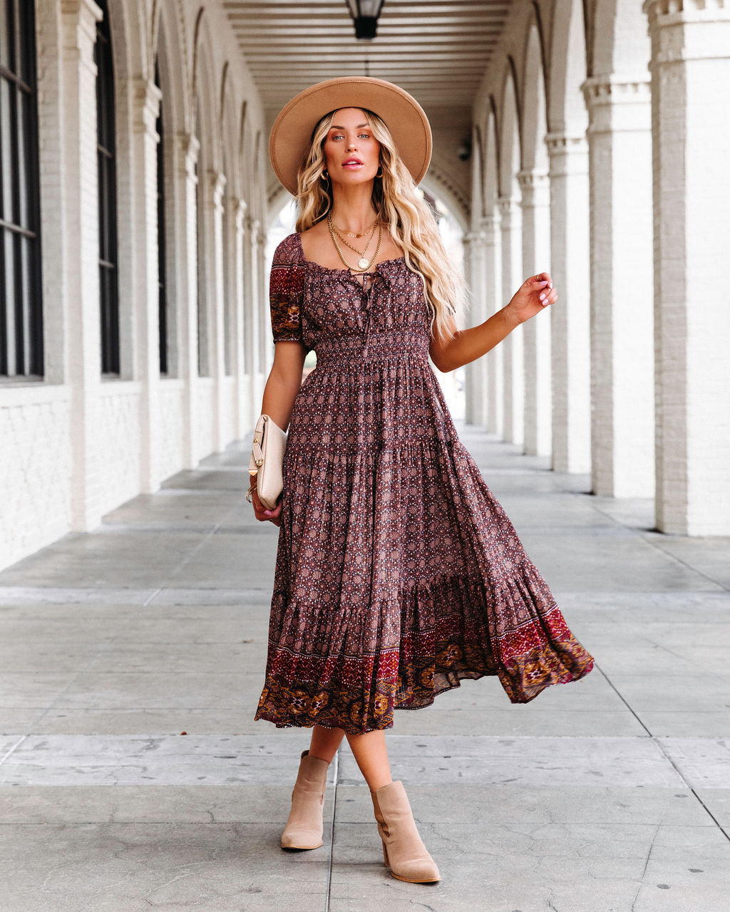 Harvest Moon Printed Tiered Puff Sleeve Midi Dress