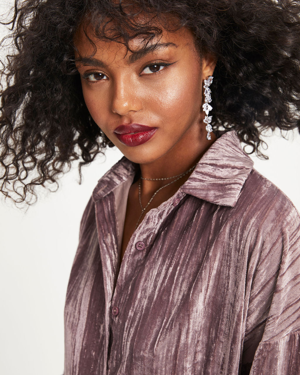 Avalina Textured Velvet Button Down Shirt Dress - Dusty Mauve