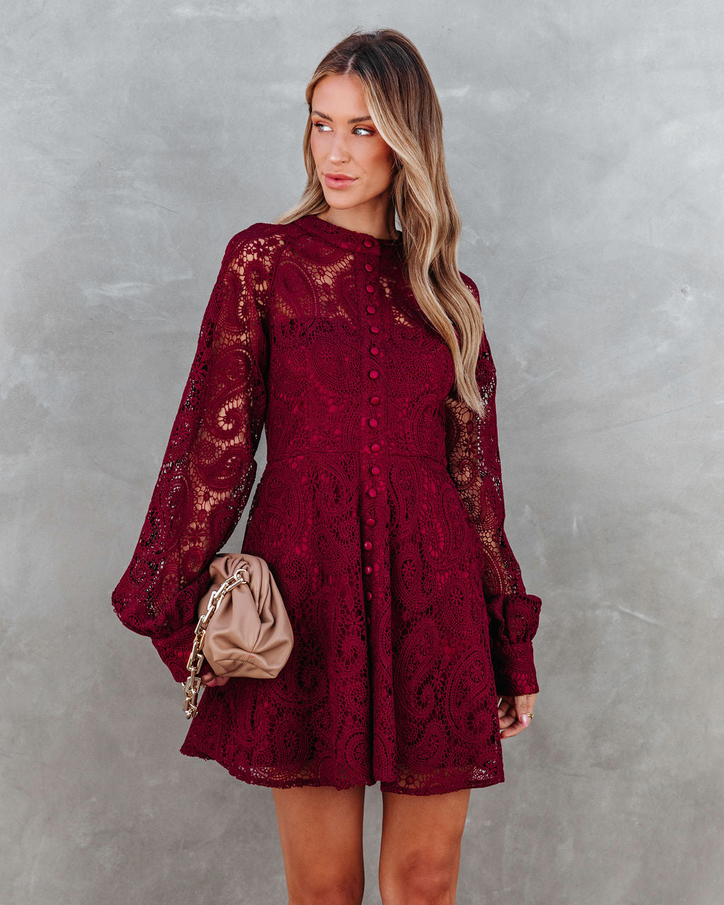 Lila Crochet Lace Mini Dress - Wine - SALE