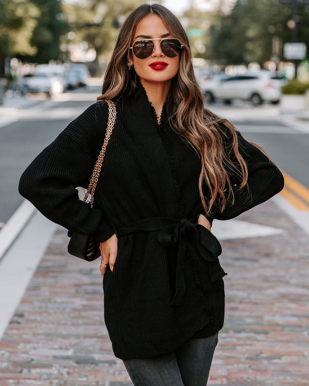 Aurelle Frayed Knit Cardigan - Black