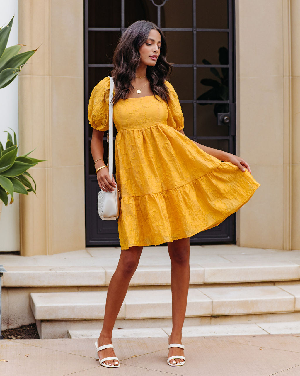 Picking Daisies Puff Sleeve Babydoll Mini Dress - Mustard Yellow - SALE