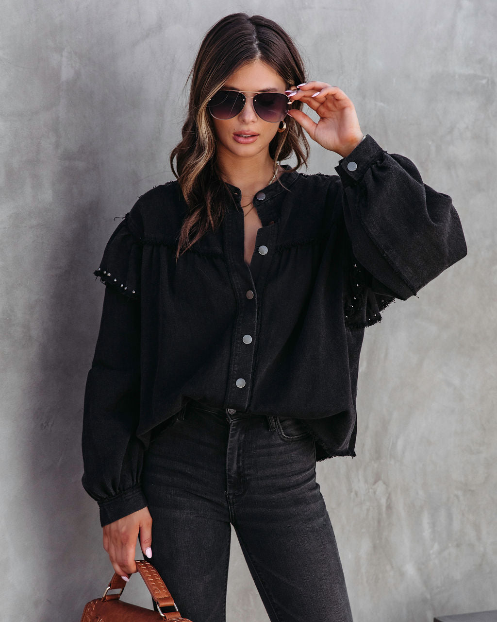 Darcey Denim Studded Frayed Lightweight Jacket - Black - SALE