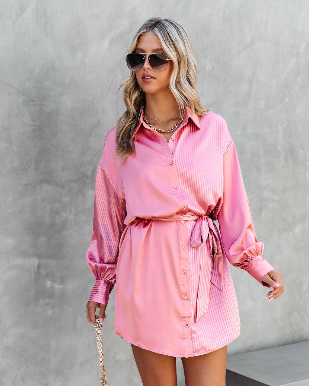 Effortless Yet Tasteful Satin Button Down Shirt Dress - Pink