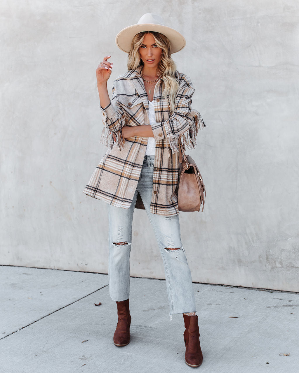 Give Thanks Pocketed Fringe Plaid Coat