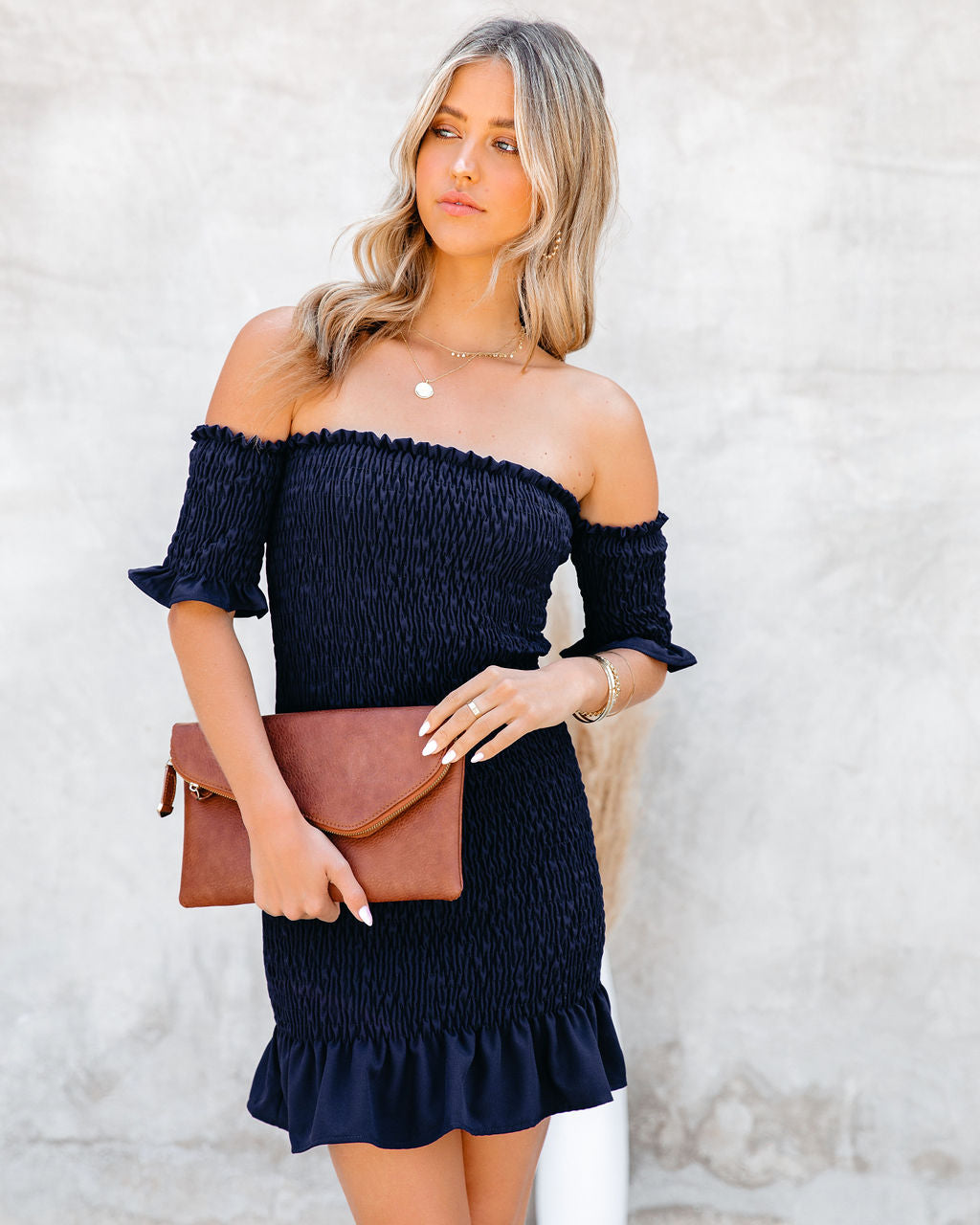 Some Like It Hot Smocked Off The Shoulder Dress - Navy - FINAL SALE