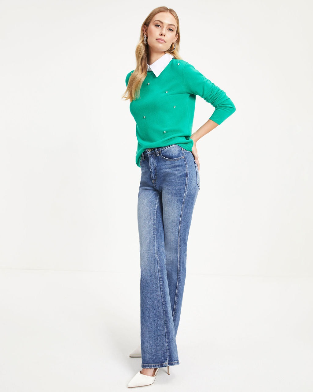 Christabel Embellished Collared Knit Pullover Sweater - Green