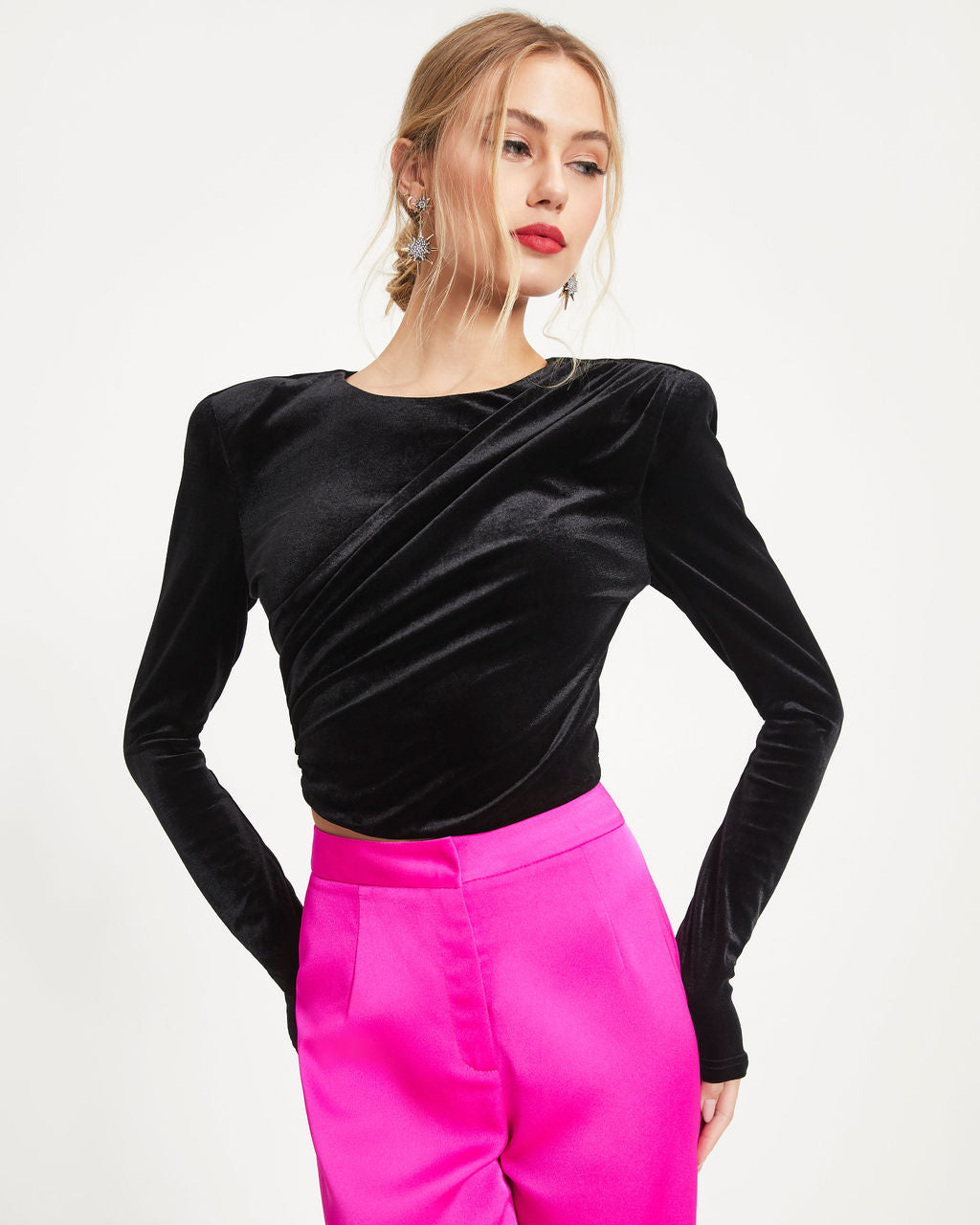 Estella Velvet Padded Shoulder Drape Crop Top - Black