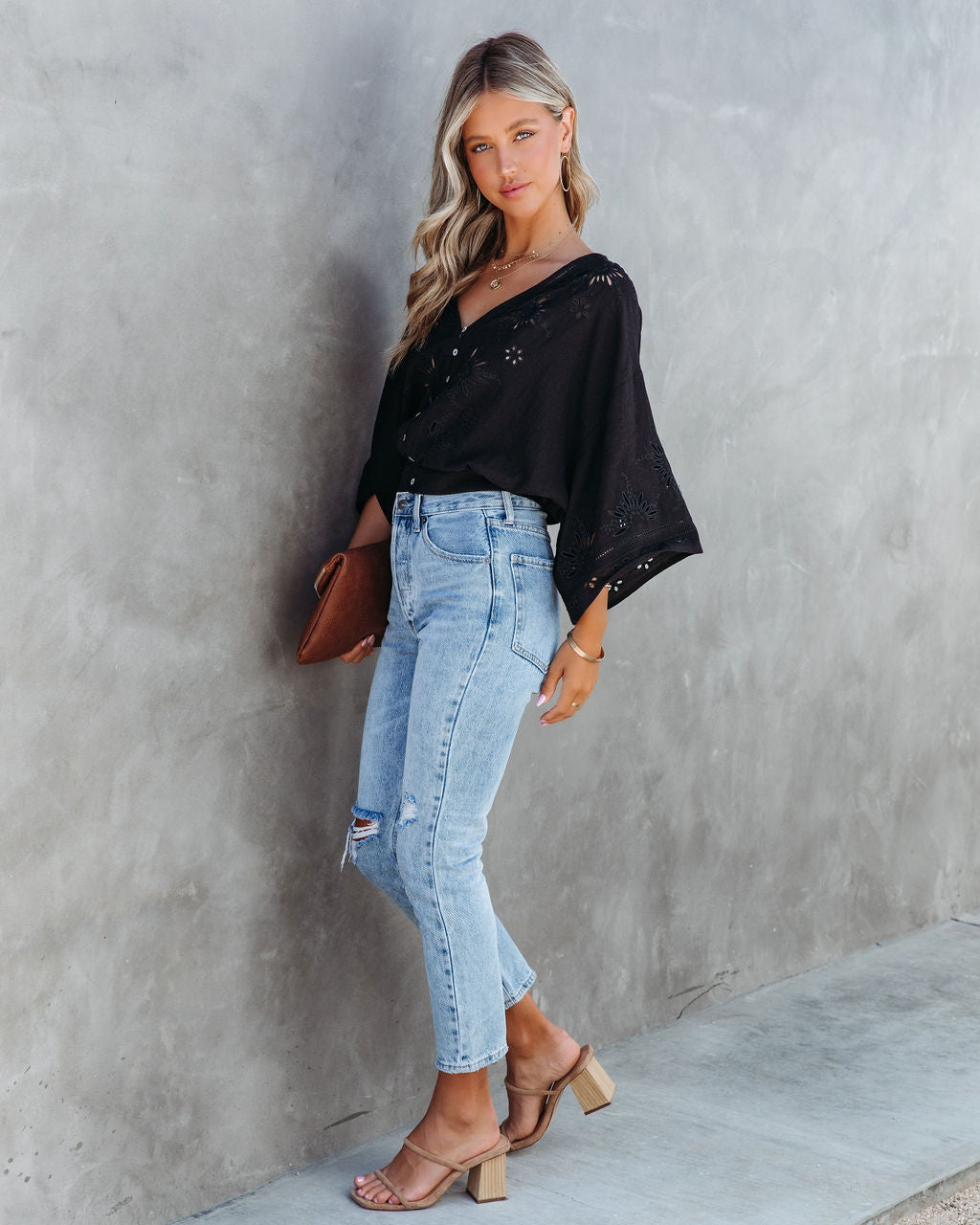 Je T'Aime Eyelet Button Down Top - Black