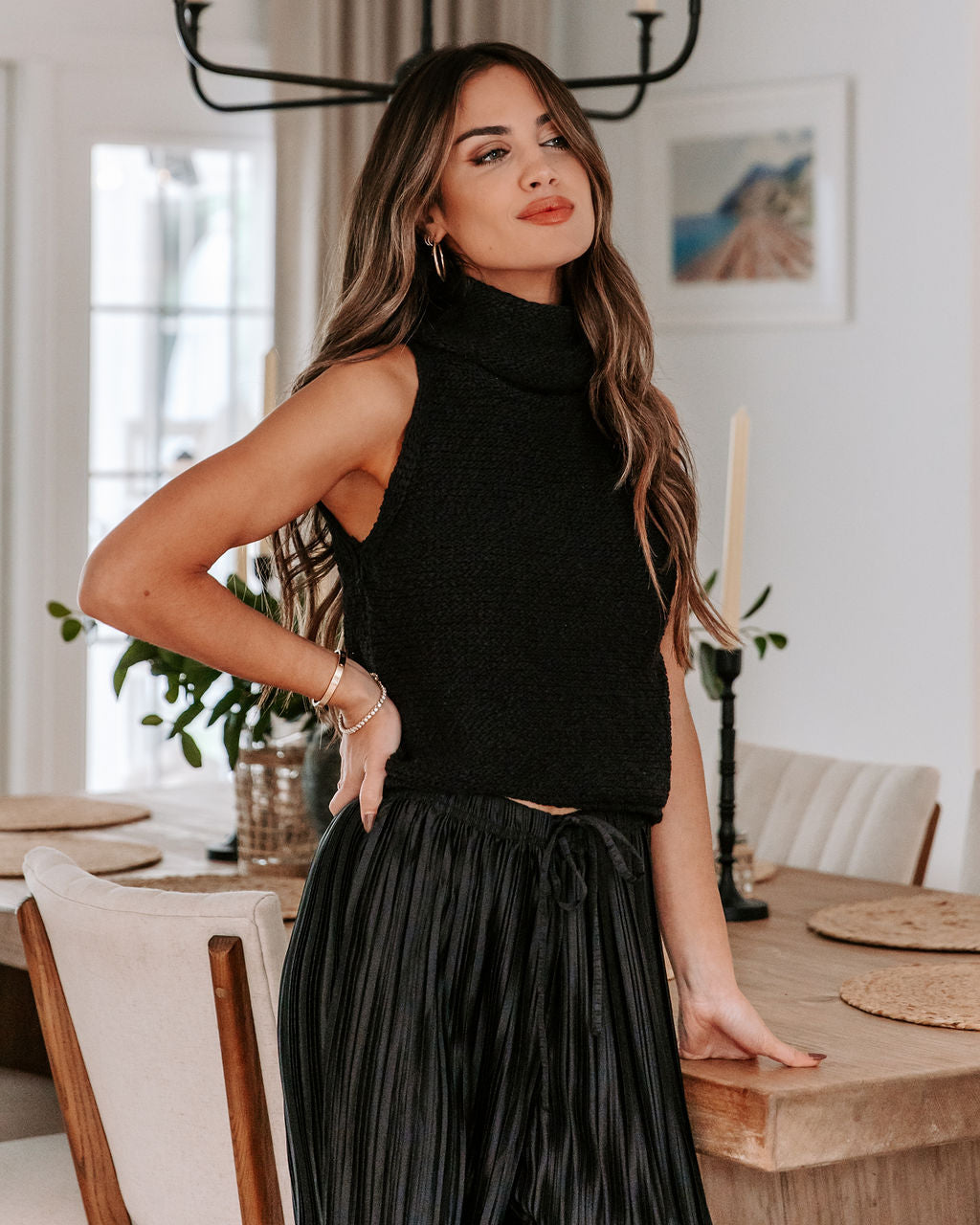 Rachel Cotton Knit Turtleneck Top - Black