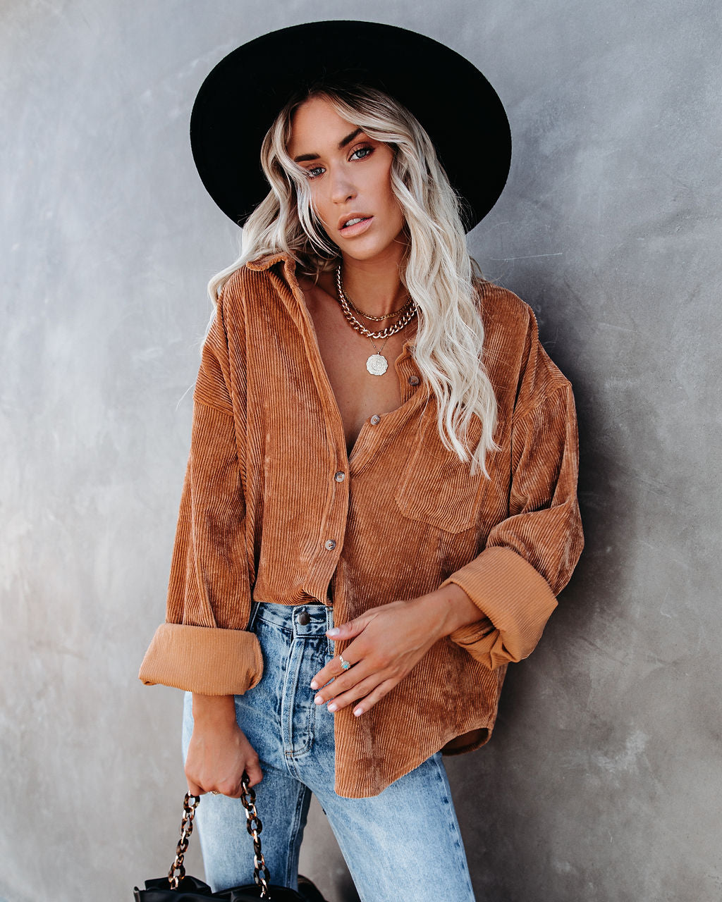 Kamryn Corduroy Button Down Pocket Top - Camel