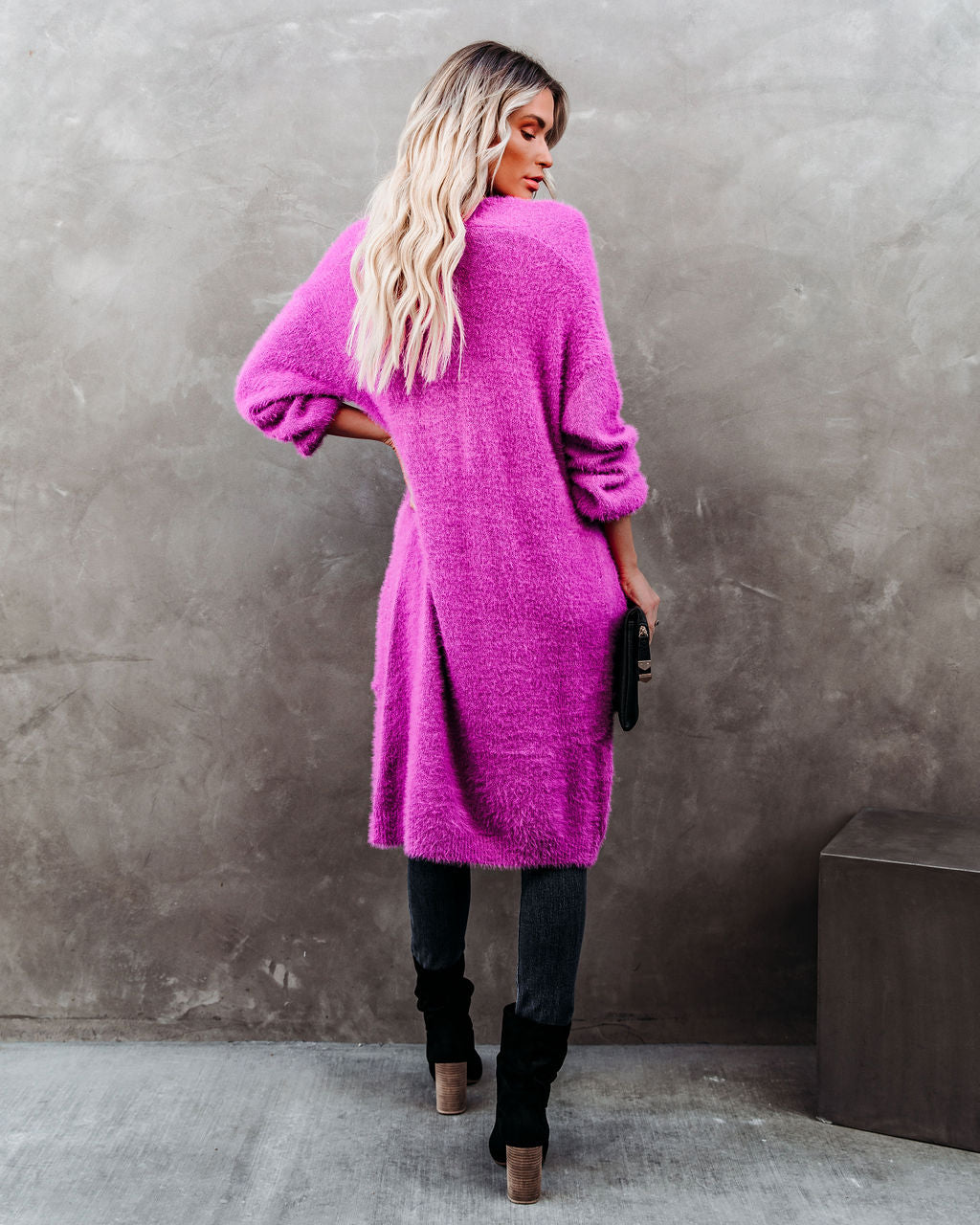Glorious Pocketed Fuzzy Knit Cardigan - Magenta
