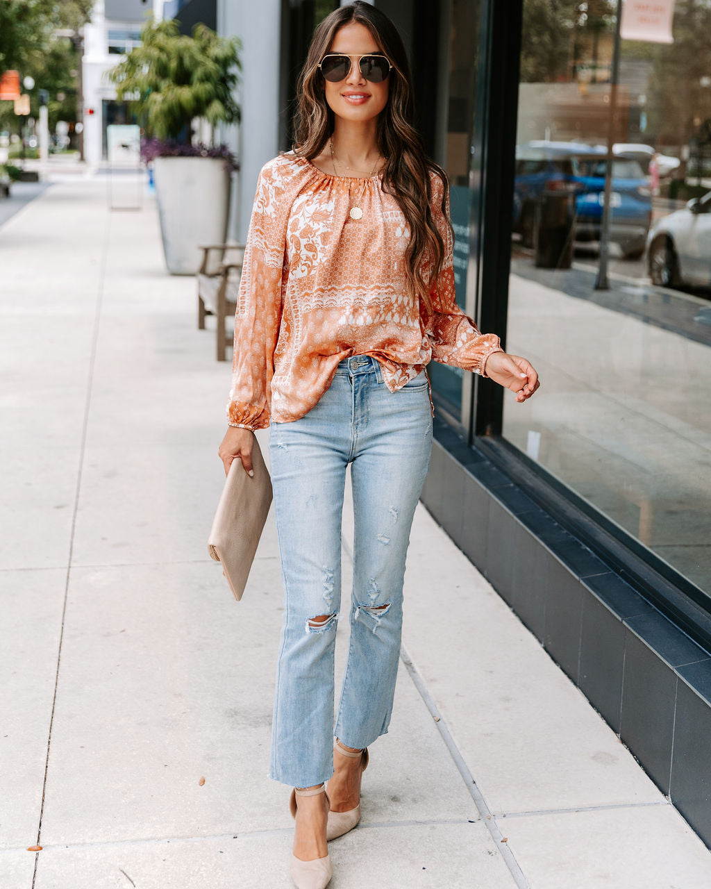 Donna Printed Cutout Top - Clay - FINAL SALE