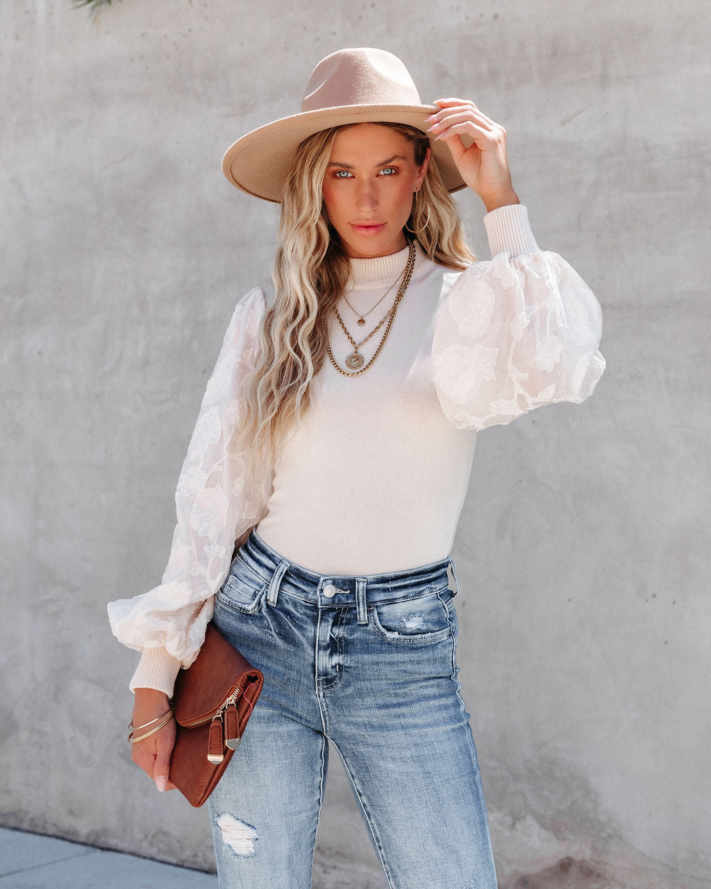 Antoinette Organza Knit Contrast Top - Cream - SALE