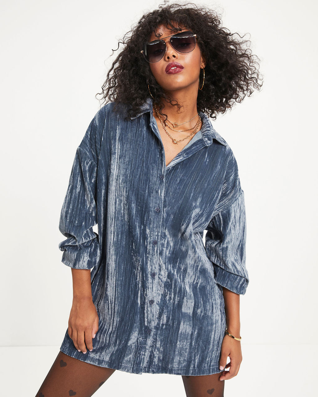 Avalina Textured Velvet Button Down Shirt Dress - Grey Blue