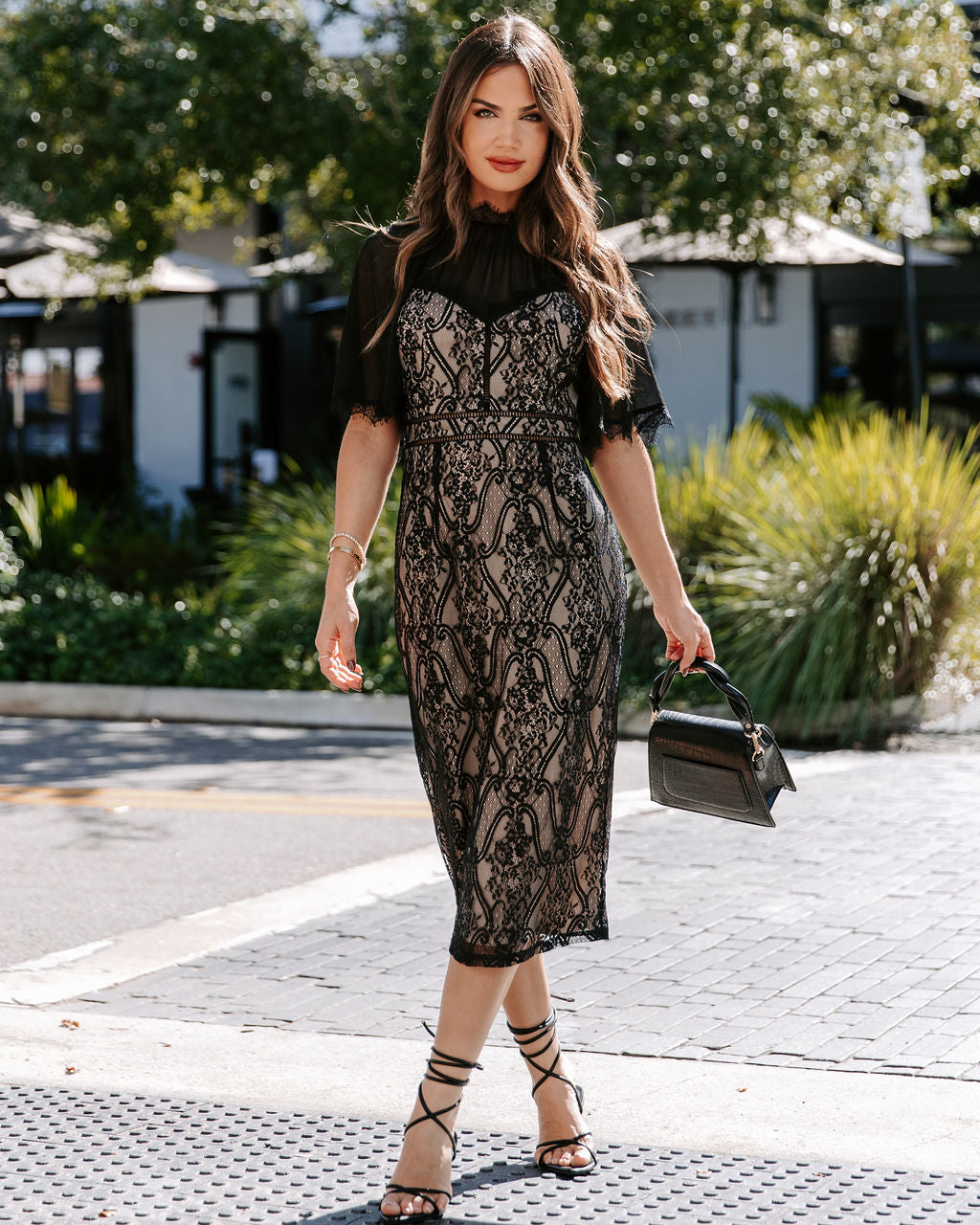 Bring On The Night Lace Chiffon Sleeve Midi Dress - Black