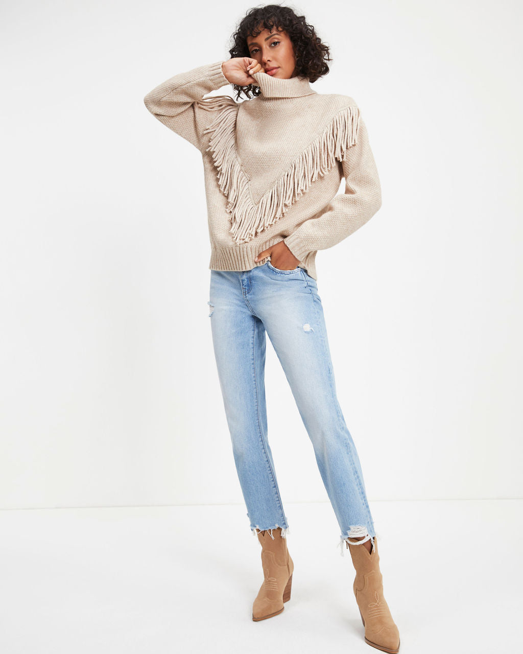 Annie Knit Fringe Turtleneck Pullover Sweater - Oatmeal