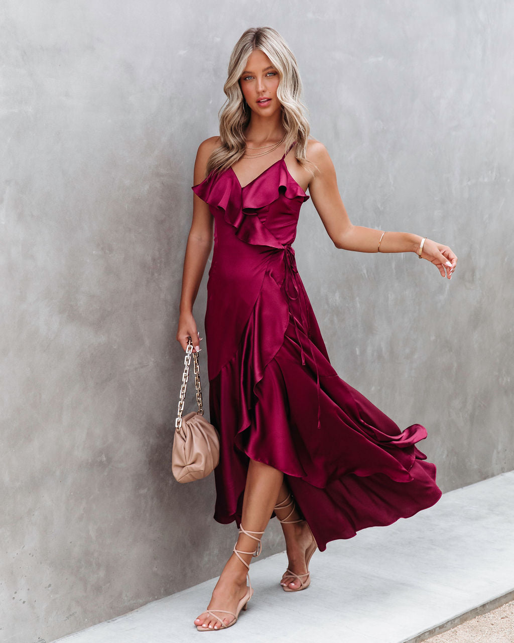 Undeniable Love Satin Ruffle Maxi Dress - Wine