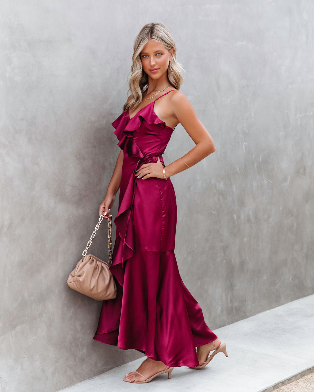 Undeniable Love Satin Ruffle Maxi Dress - Wine
