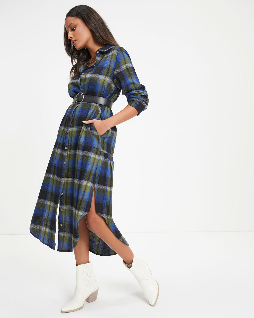 Jonathan Pocketed Plaid Button Down Midi Dress
