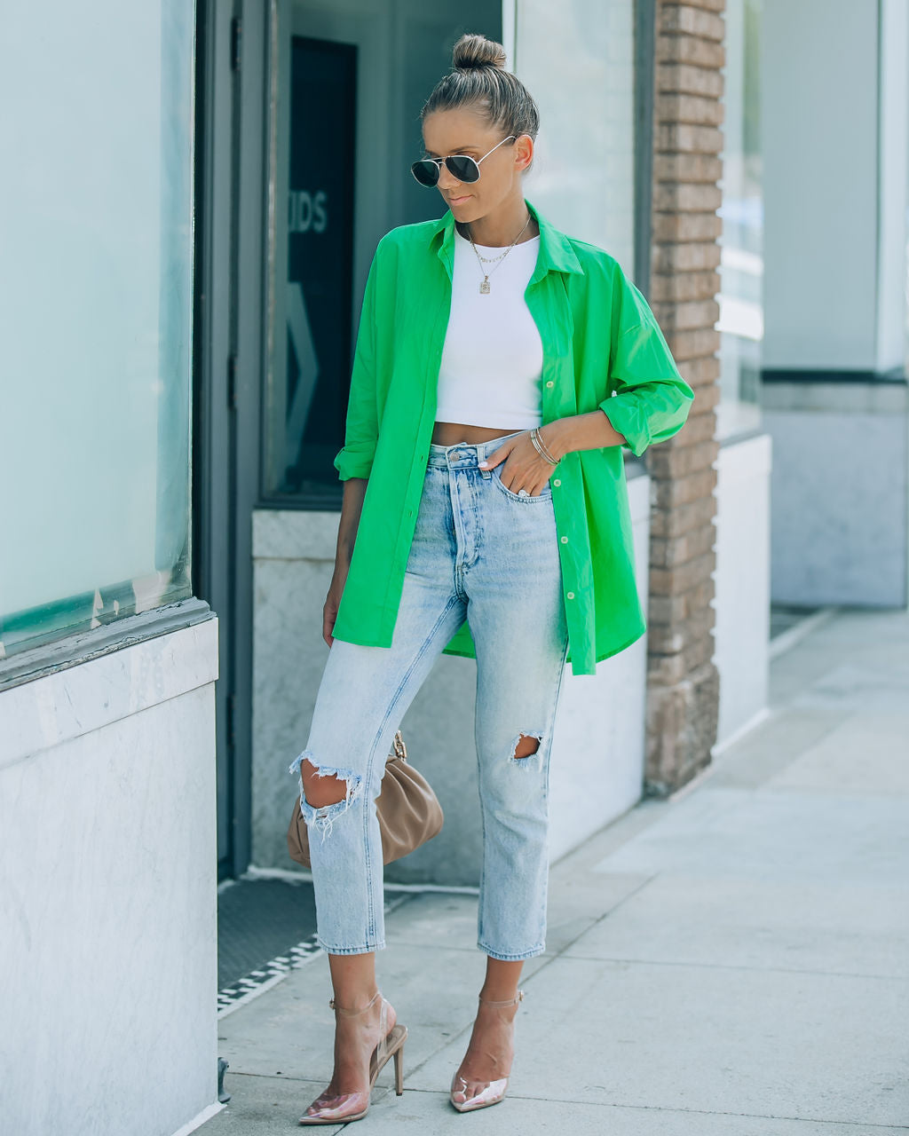 La Brisa Button Up Cotton Top - Kelly Green - SALE