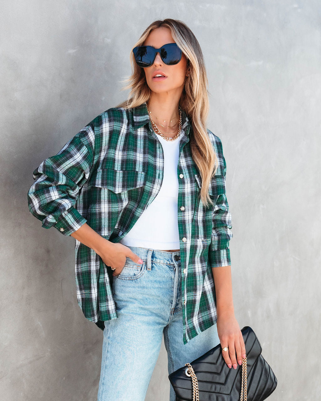 Evergreen Plaid Button Down Top