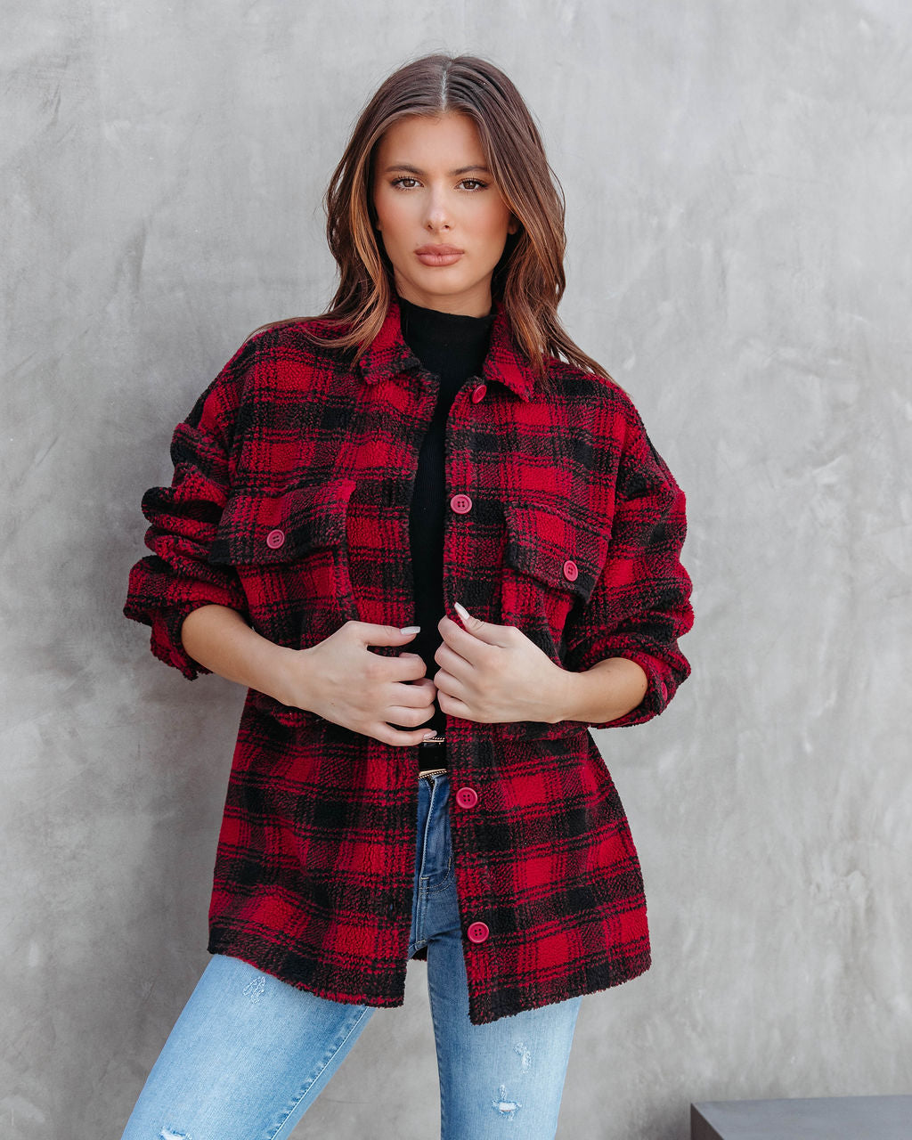 Doug Pocketed Plaid Teddy Jacket