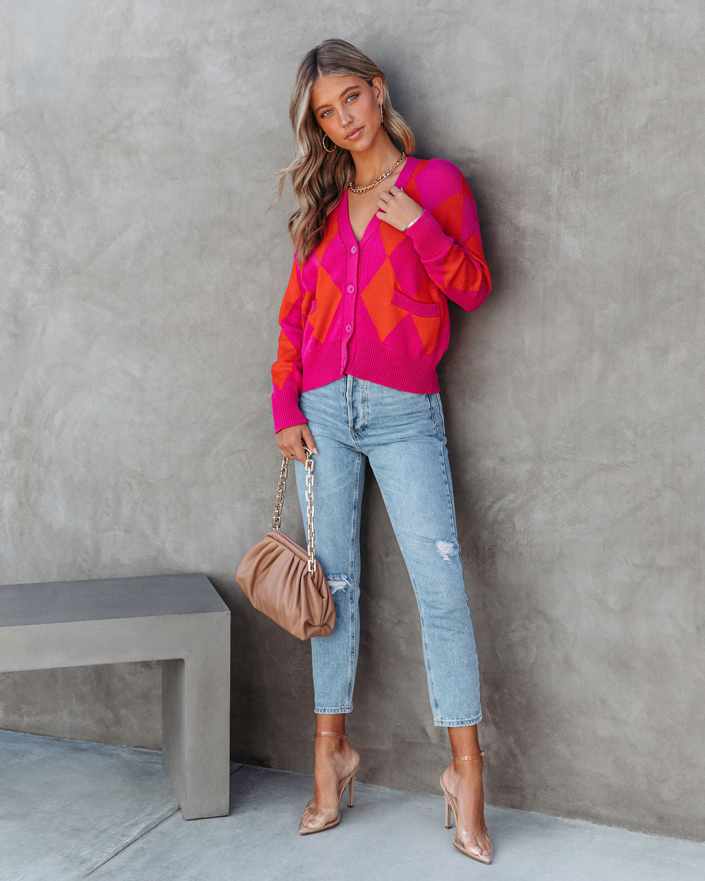 Daria Argyle Pocketed Cardigan - Orange