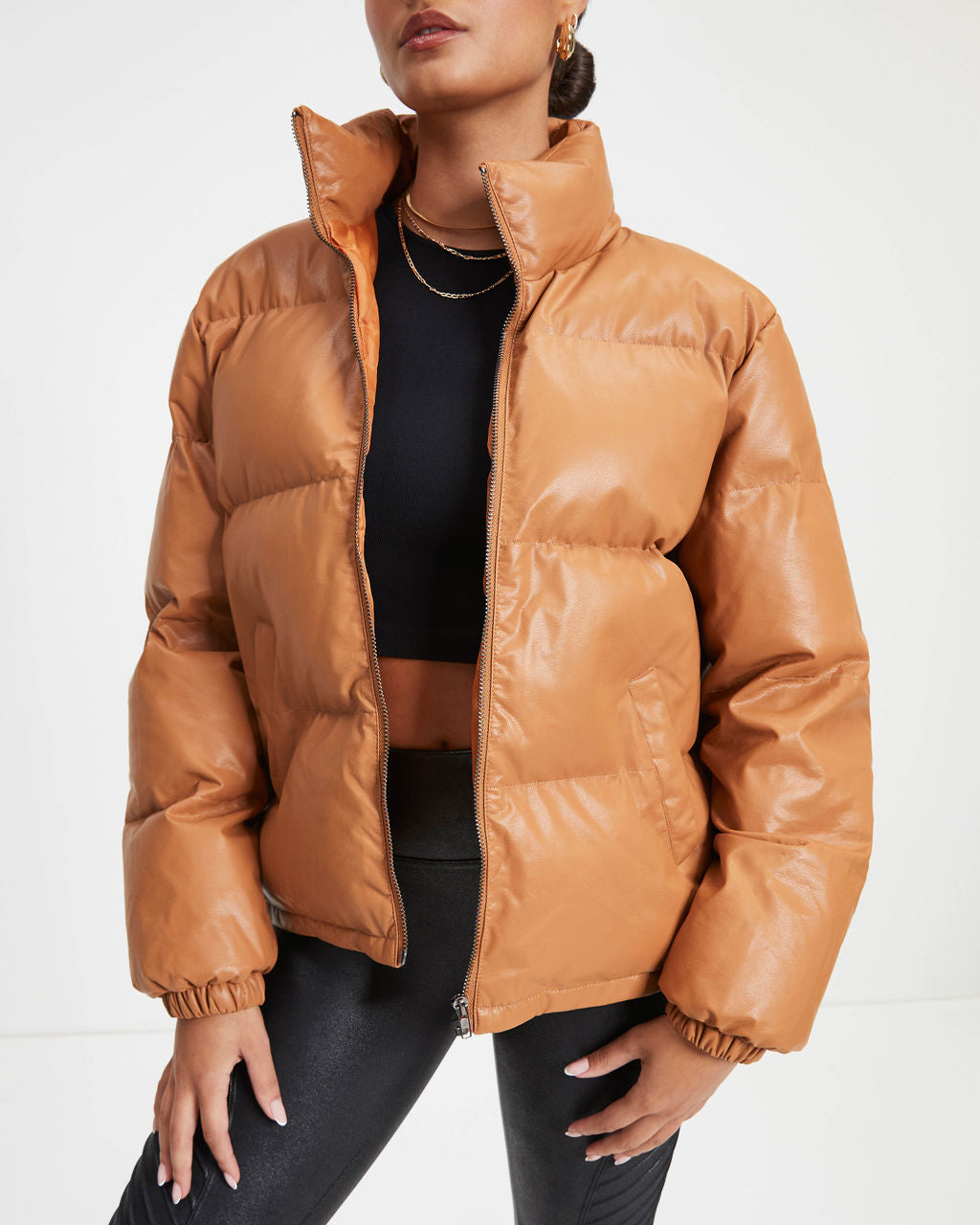 Raza Pocketed Faux Leather Puffer Jacket - Camel