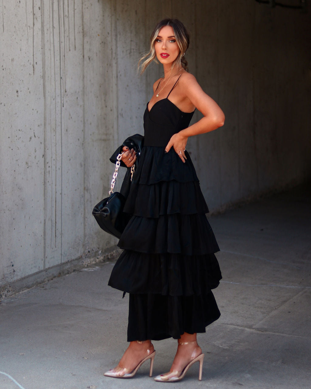 Dhalia Satin Tiered Midi Dress - Black