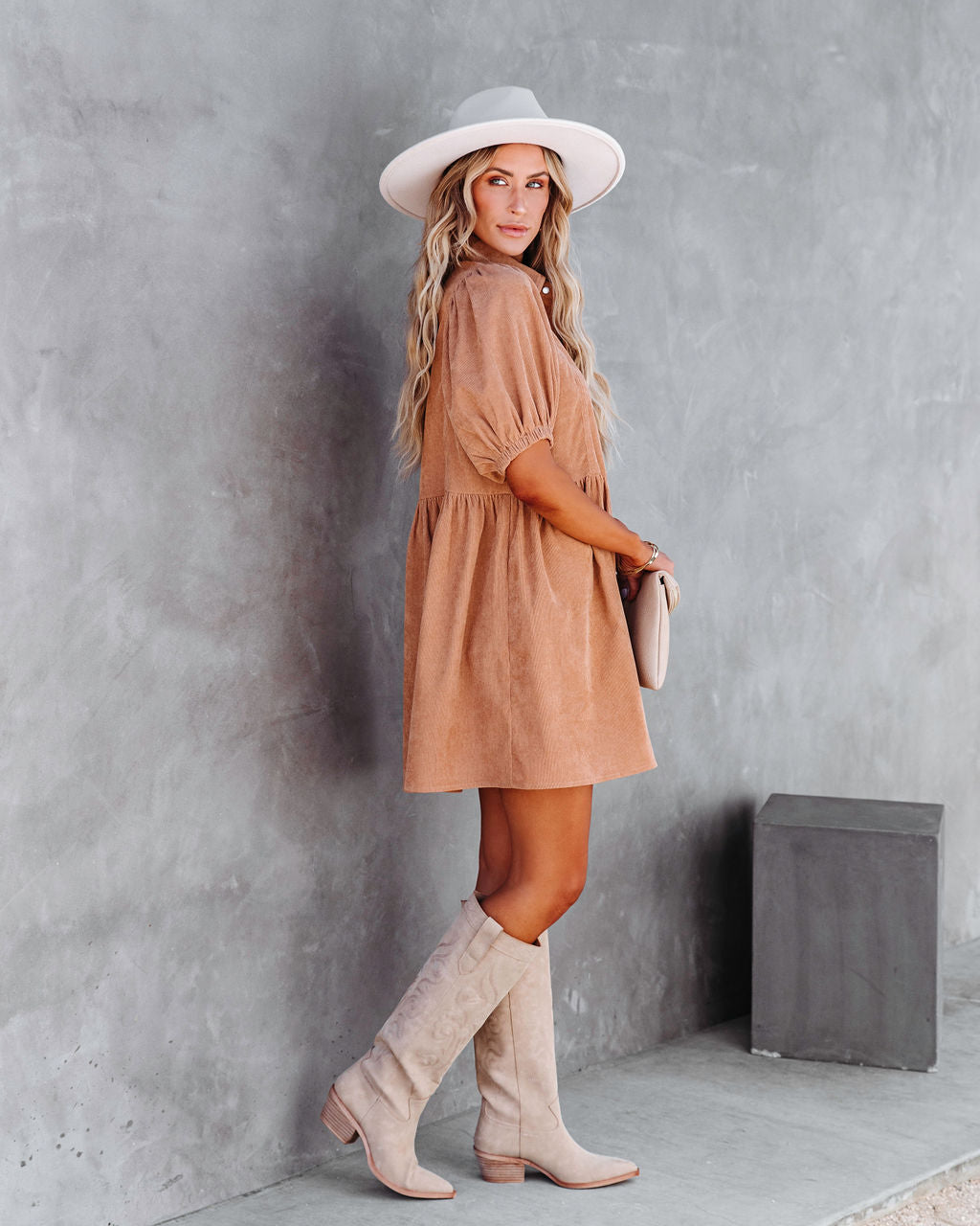 Owen Corduroy Puff Sleeve Babydoll Dress - Camel