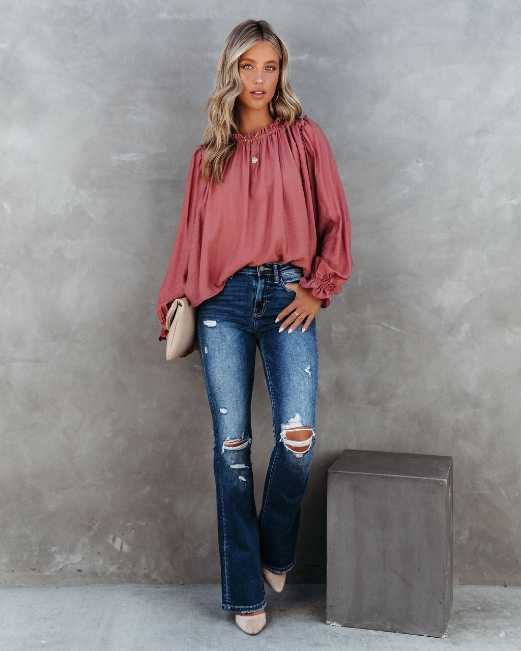 Quinn Crinkle Ruffle Sleeve Top - Dusty Clay - SALE