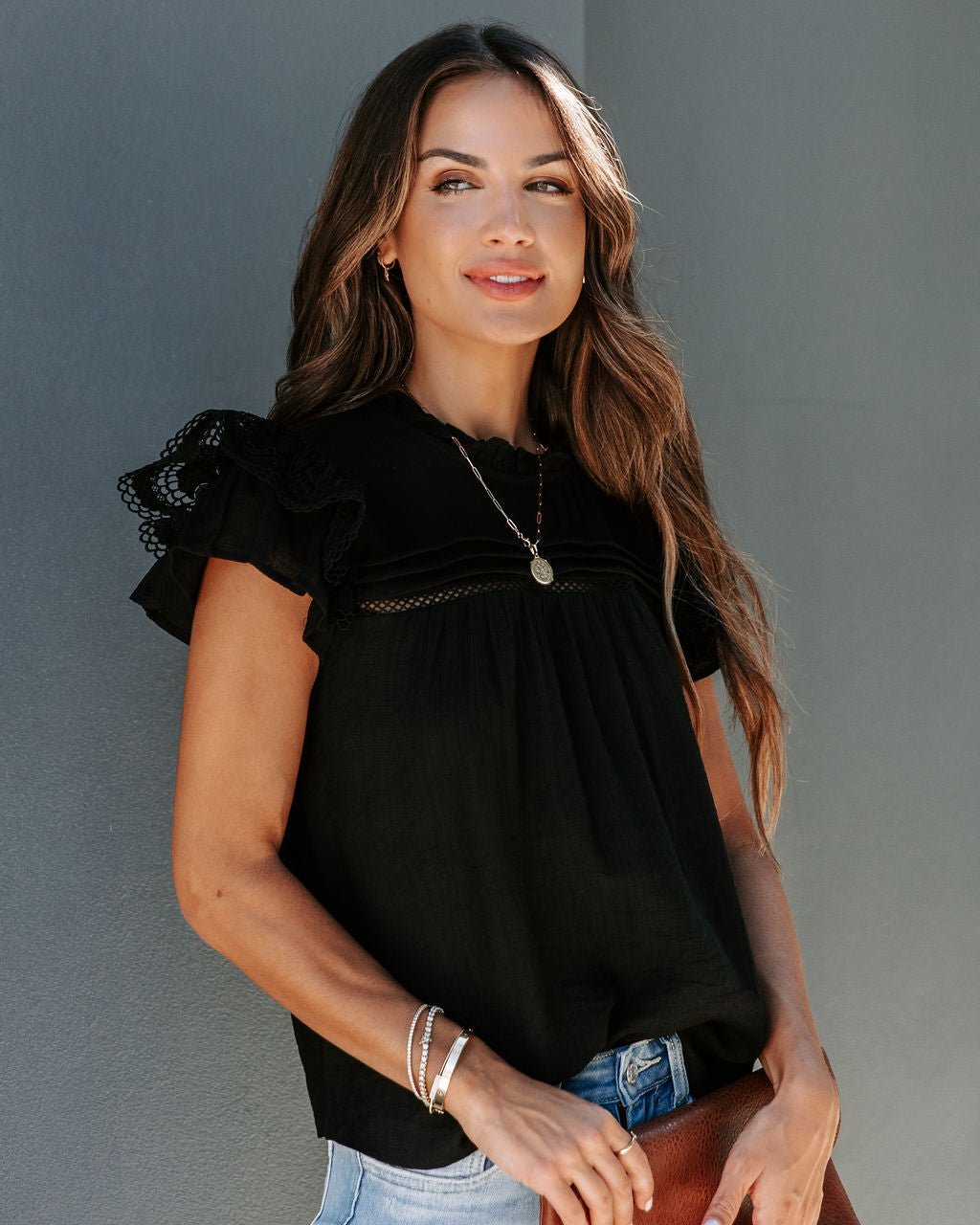 Meadow Crochet Ruffle Sleeve Top - Black