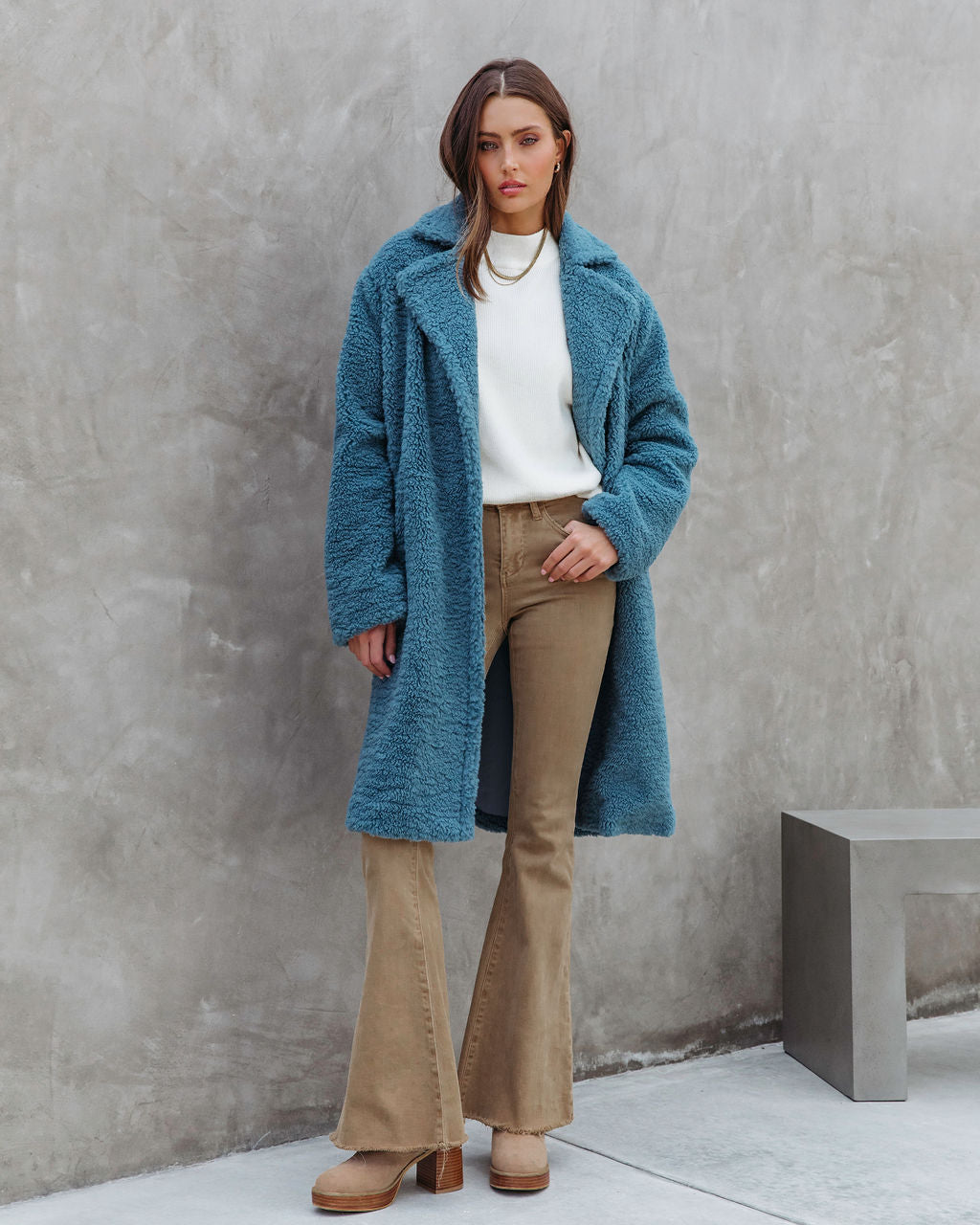 Of The Essence Pocketed Teddy Coat - Dusty Teal
