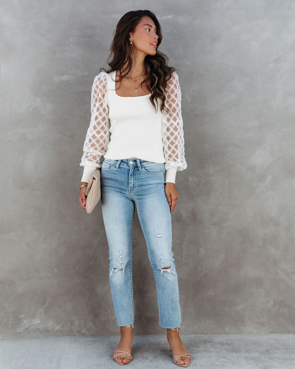 Super Fabulous Ribbed Tulle Contrast Top - Ivory - SALE