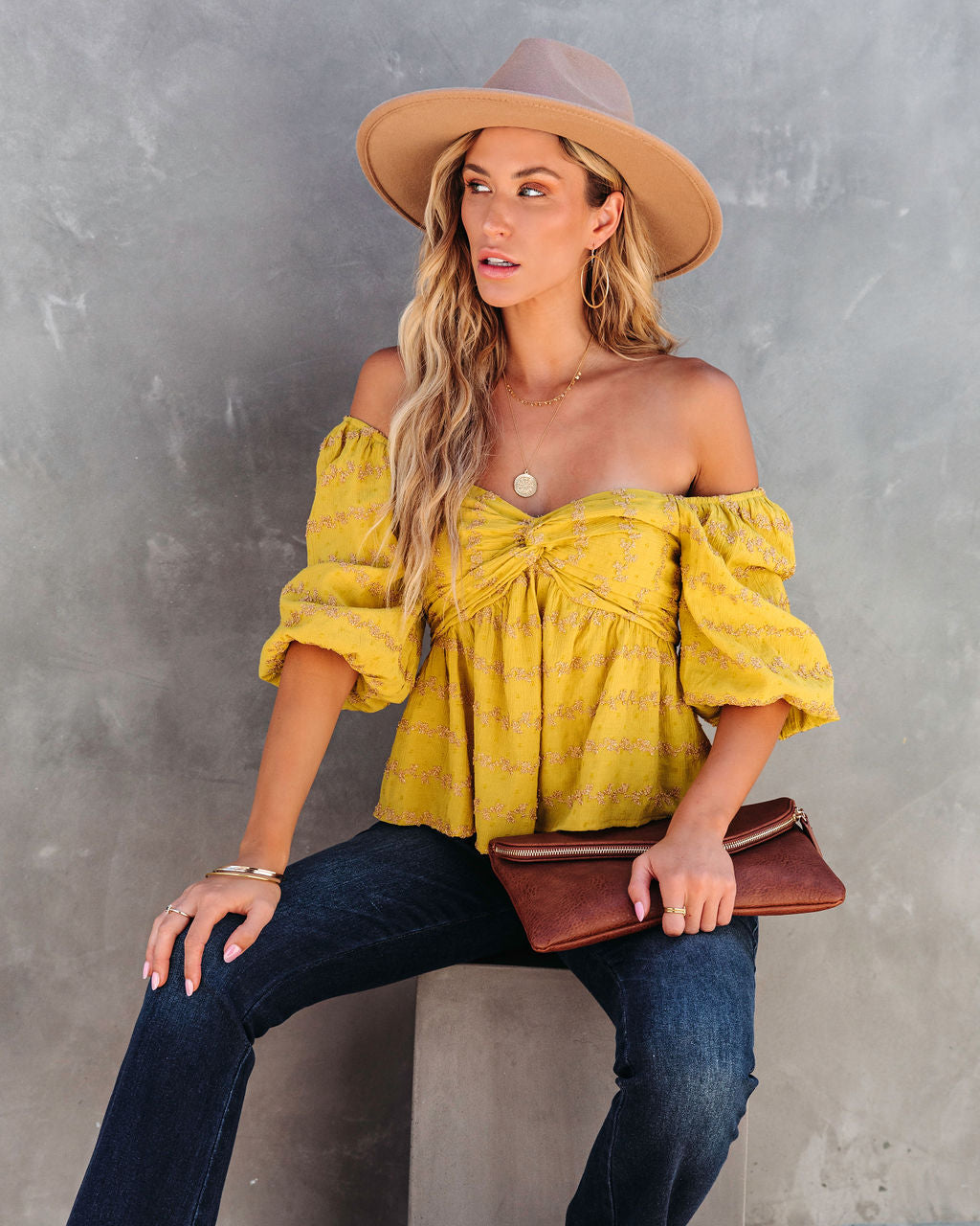 Divine Textured Puff Sleeve Top - Mustard - SALE