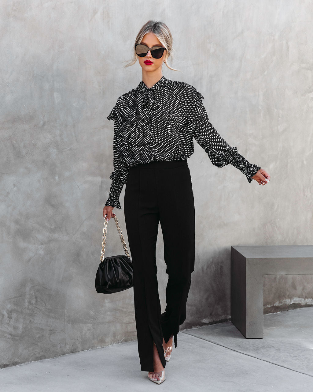 Roseanne Polka Dot Tie Neck Ruffle Top