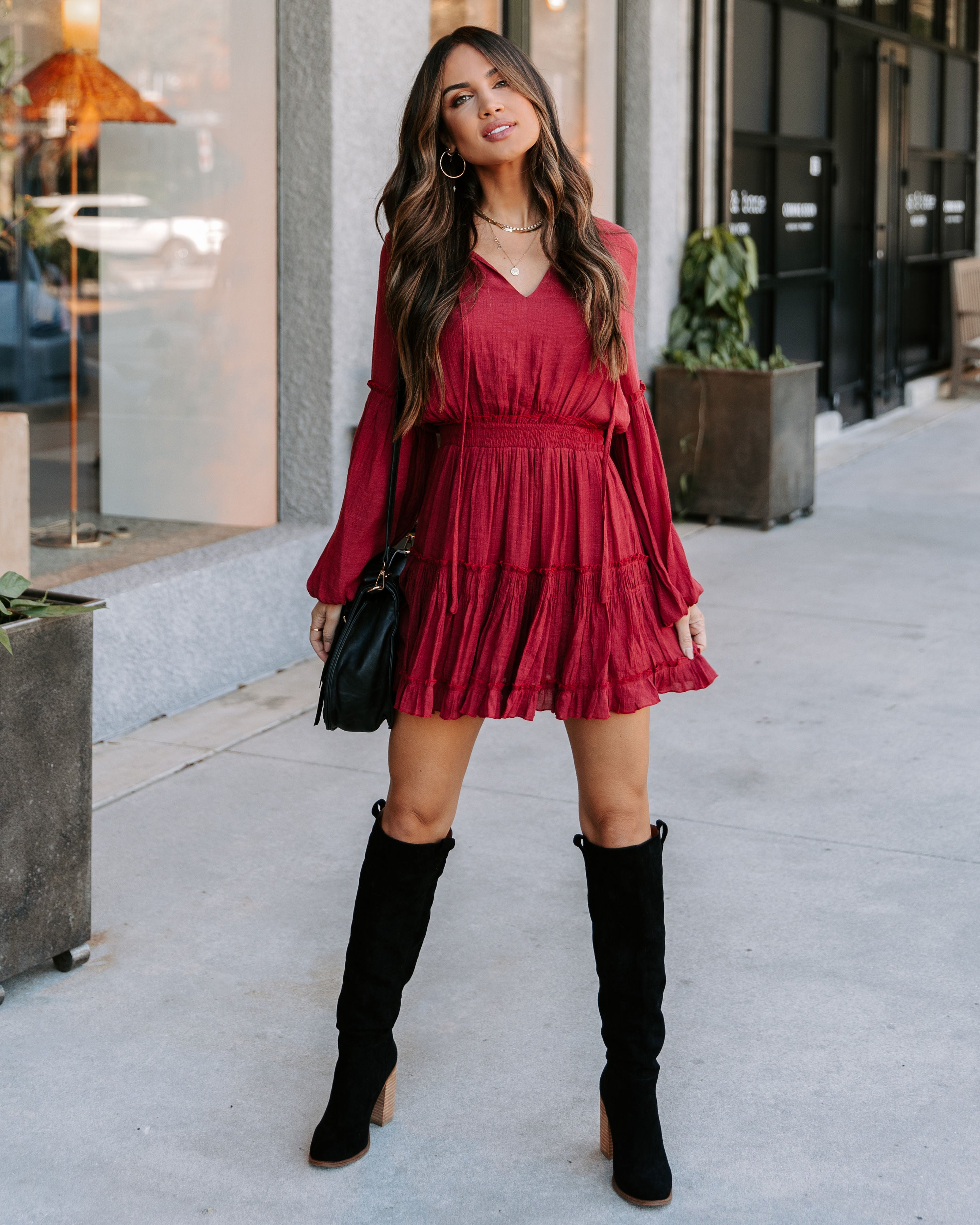 Run Free Babe Tiered Balloon Sleeve Mini Dress - Wine