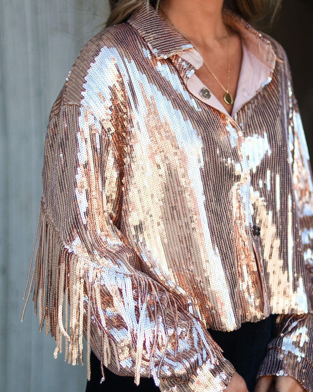 Life Is A Fiesta Sequin Fringe Jacket - Rose Gold