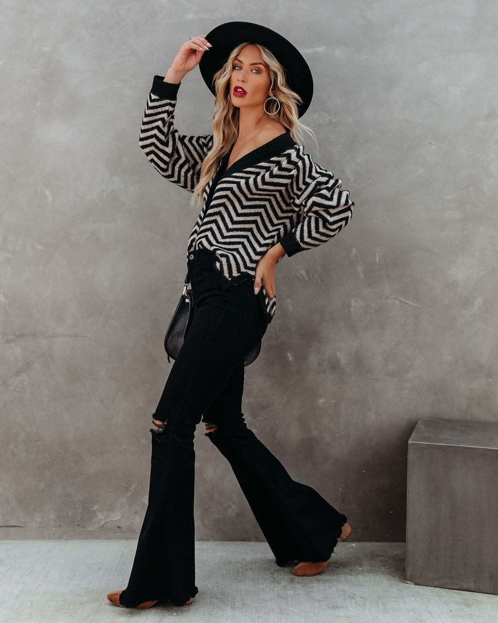 Halston Button Front Chevron Knit Cardigan