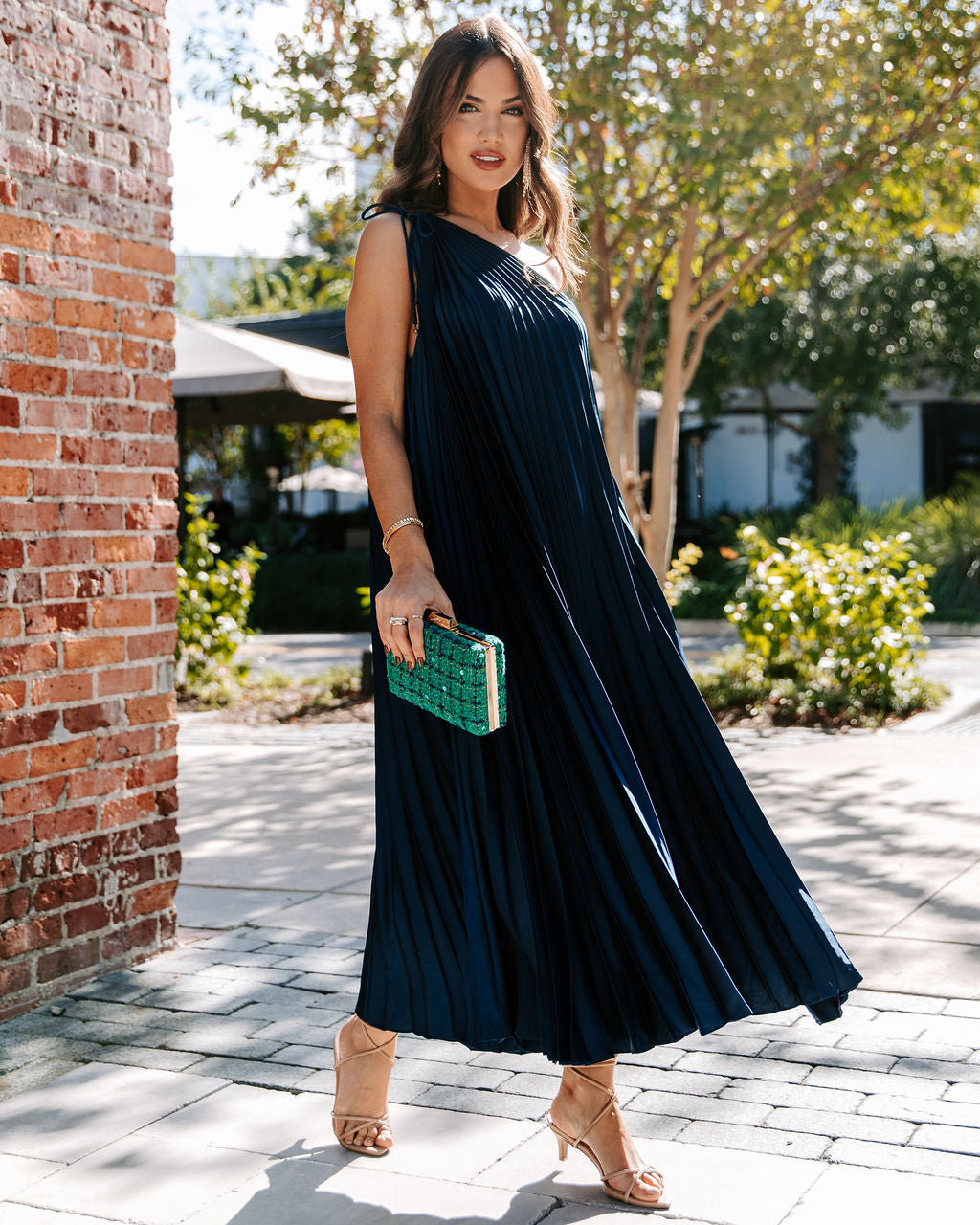 Melina Satin One Shoulder Pleated Midi Dress - Navy