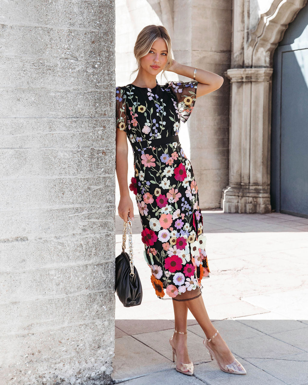 Georgina Floral Applique Midi Dress - Black