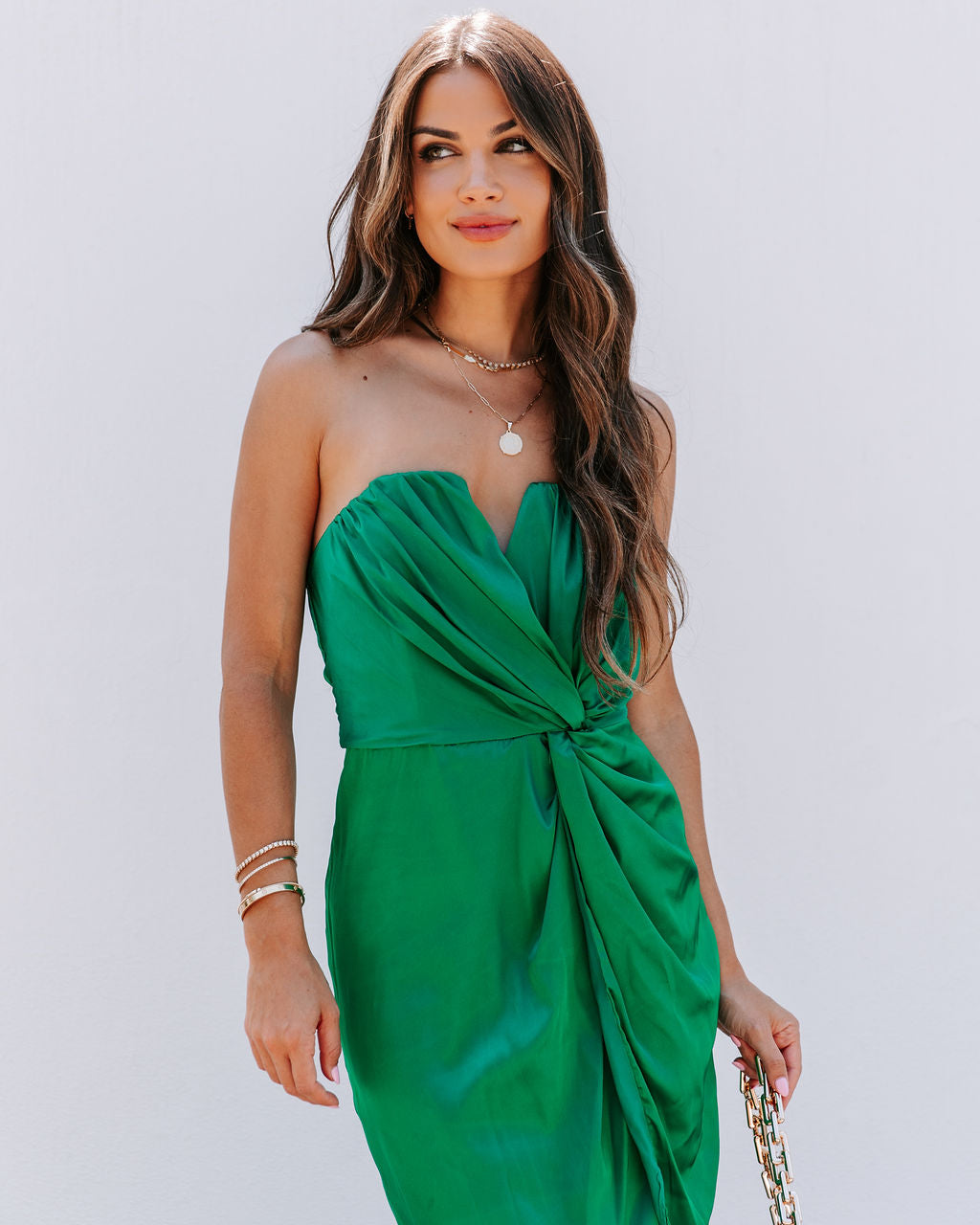 Classy And Fabulous Strapless Satin Midi Dress - Hunter Green - FINAL SALE