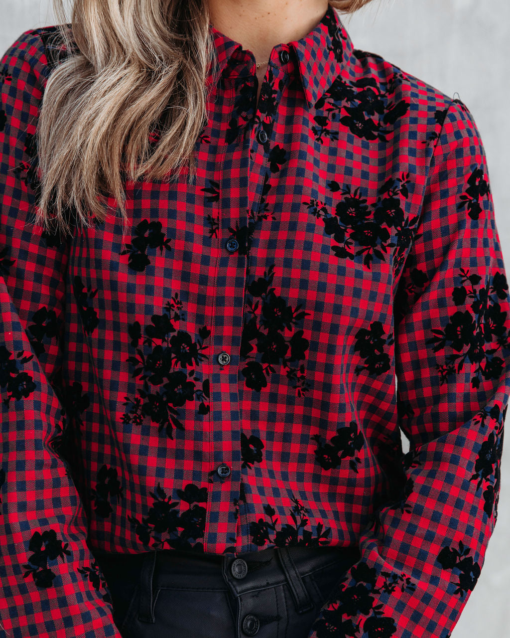 Courtney Checkered Floral Button Down Top - Red